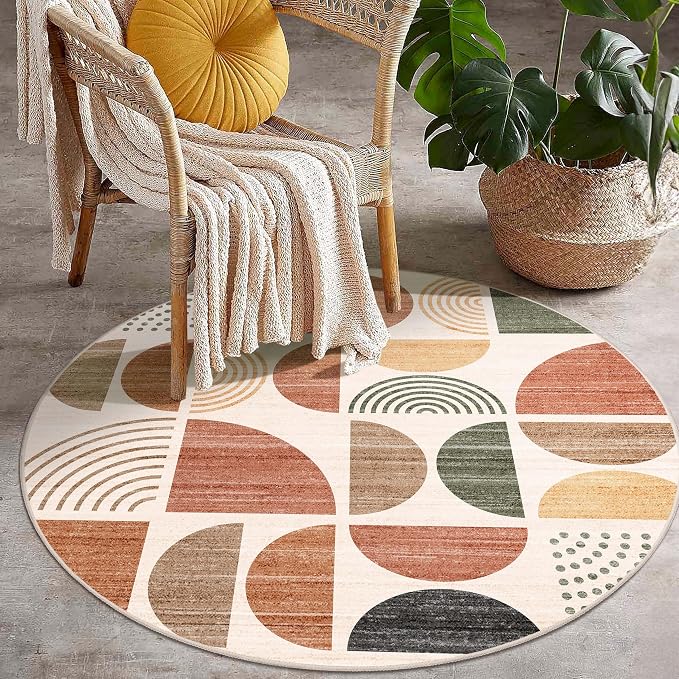 Round Rug 4ft Small Circle Area Rug Washable Non Slip Modern Abstract | Circular Rugs for Entryway Bedroom Kitchen Boho Throw Carpet Soft Low Pile Floor Indoor Bohemian Terracotta