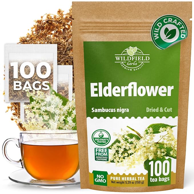 100 Bags Dried Elderflower Tea Herbal Tea (Flores Sambuci Nigrae) - 100 Count 1.5g Bags Elder Flower Herb Espino Blanco