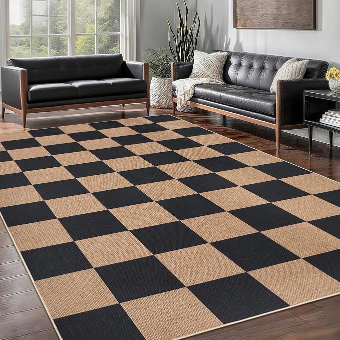 Garvee Easy Jute Outdoor Rug 5x7 Washable Modern Checkered Rugs，Black/Brown | Living Room Non-Slip Farmhouse Checkered Outdoor Mat Neutral Floor Carpet for Bedroom Patio Dining Room Backyard