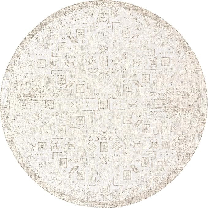 Unique Loom Outdoor Aztec Collection Area Rug - Coba (10' Round, Light Gray/ Ivory)