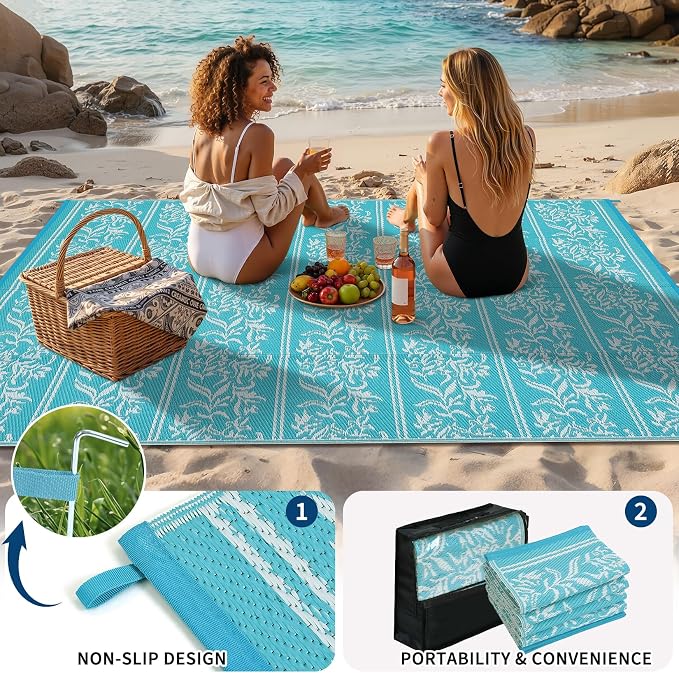 Garvee Outdoor Rugs 9x12 Waterproof Reversible Mat Boho Leaf Patio Rug with 4 Stakes and Starage Bag, Large Outdoor RV Mat Rugs for Camping, Picnic, Balcony, Deck, Backyard, Teal & White