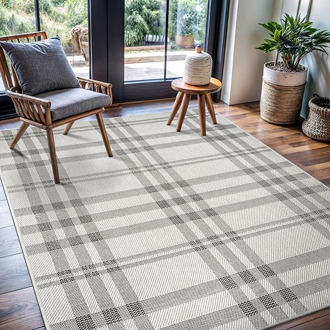 CAMILSON Easy Jute Rug 4x6, Indoor Outdoor Off-White Color Fiber Area Rugs for Living Room Patio and Dining Room Rug, Checkred Boho Woven Design, Easy-Cleaning, Washable Outside Carpet (4 x 6)