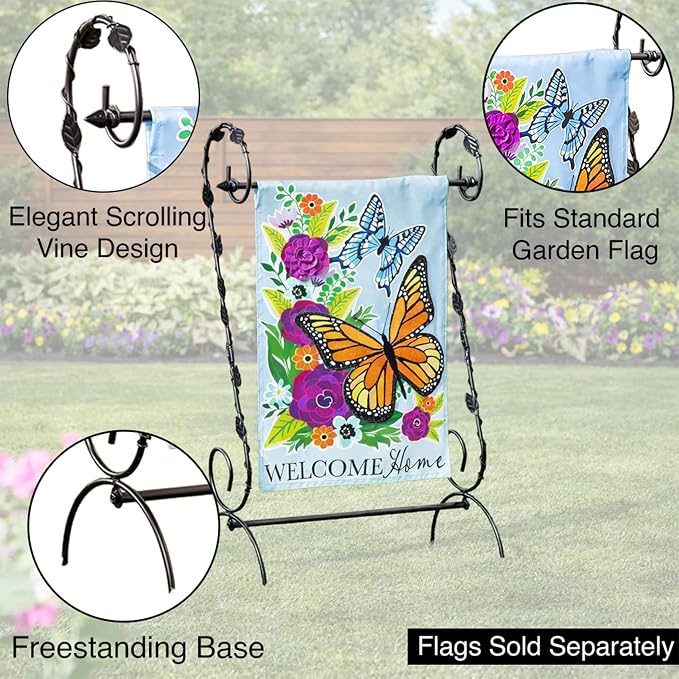 Evergreen Scroll American Garden Flag Stand Leaves Vine | Premium Metal Iron Flag Holder Stand | Fits 12x18 Garden Flags for Outside Deck Patio | Weatherproof Outdoor