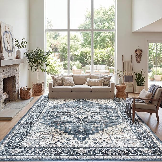 AMADA HOMEFURNISHING 9x12 Washable Area Rug, Low-Profile Large Area Rug with Non-Slip Backing & Durable Edge Binding, Vintage Large Rugs for Living Room, Bedroom & Dinning Room