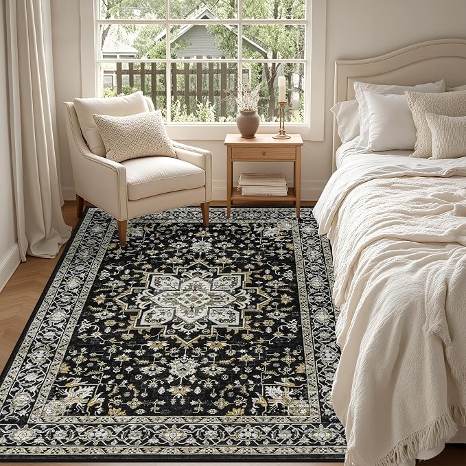 6x9 Area Rugs Living Room: Washable Rug for Bedroom Black Gold | Boho No Slip Stain Resistant Rug Soft Indoor Decor Floor Floral 6x9 Area Rugs for Dining Room, Nursery, Hallway, Home Office