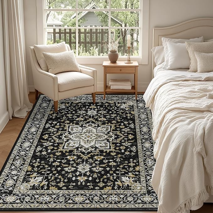 3x5 Area Rugs Living Room: Washable Rug for Bedroom Black Gold | Boho No Slip Stain Resistant Rug Soft Indoor Decor Floor Floral 3x5 Area Rugs for Dining Room, Nursery, Hallway, Home Office