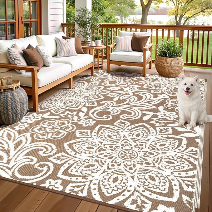 Findosom Waterproof Outdoor Rug 6' x 9' - Reversible Mandala Outdoor Plastic Straw Rug, Durable Foldable Patio Rug for RV, Deck, Balcony, Backyard, Picnic, Porch, Camping, Beach, Brown