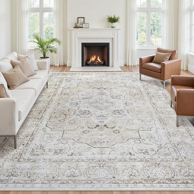 9x12 Washable Area Rugs for Living Room Beige White Non-Slip Rug | Vintage Medallion Rug，Soft Low Pile Large Rugs，Indoor Retro Carpet for Bedroom Nursery Dining Table Farmhouse Home Office