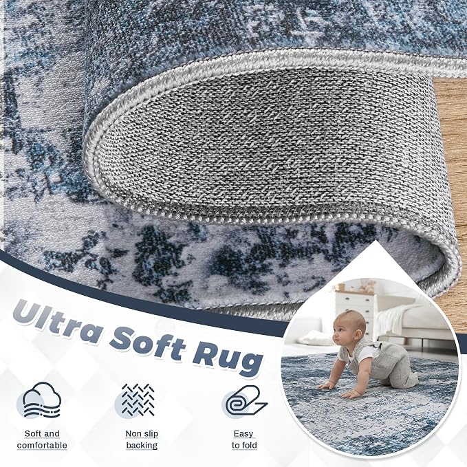 pmtsns Area Rugs 10x14 Living Room: Washable Rug Modern Abstract Neutral Soft Non-Slip Low-Pile Indoor Large Carpet for Bedroom Dining Room Playroom Home Office (Blue Grey, 10'x14')