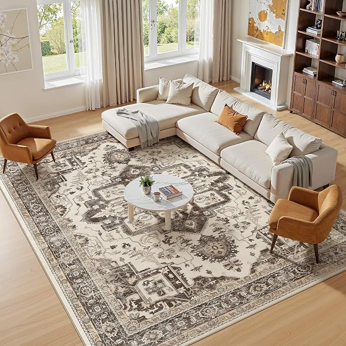 Vintage Washable 8x10 Area Rug for Living Room, Dark Brown | Soft Low Pile Rug with Non-Slip Backing, Stain Resistant for Bedroom or Dining Room, Kid & Pet Friendly
