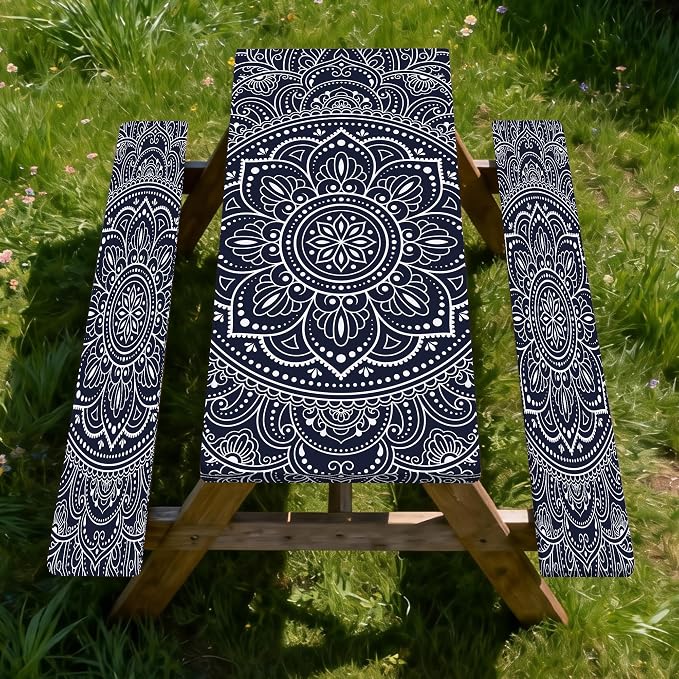 Rectangle Picnic Table Cover with Bench Covers 6FT 3PCS, Camping Essentials,Rectangle Fitted Camping Tablecloth Waterproof with Elastic Edge for Indoor Outdoor Patio, 72in, Boho