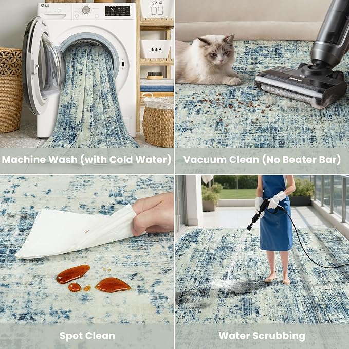 10x14 Washable Area Rug for Living Room Bedroom: Non-Slip Modern Blue Gray | Machine Washable TPR Backing, Stain-Resistant Low Pile, Pet & Kid Friendly, Abstract Decor for Dining Room, Dorm, Home Office