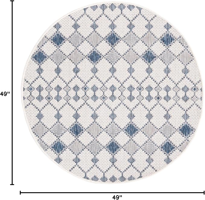 Unique Loom Outdoor Trellis Collection Area Rug - Traliccio (4' 1" Round, Ivory/ Navy Blue)