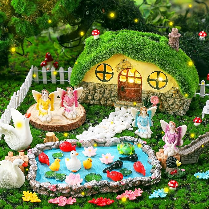 Roowest 57 Pcs Solar Fairy House Garden Accessories Kit Light up Mushroom House Resin Fairy Village Figures Garden Resin Miniature Fish Pond Figures Micro Landscape Outdoor Decorations