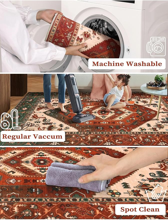 SERISSA 2'6"x12' Washable Non Slip Boho Runner Rug for Hallway | Ultra Soft Vintage Oriental Carpet Low-Pile Terracotta Green Floor Carpet for Kitchen Bedroom Entryway Bathroom Laundry Room