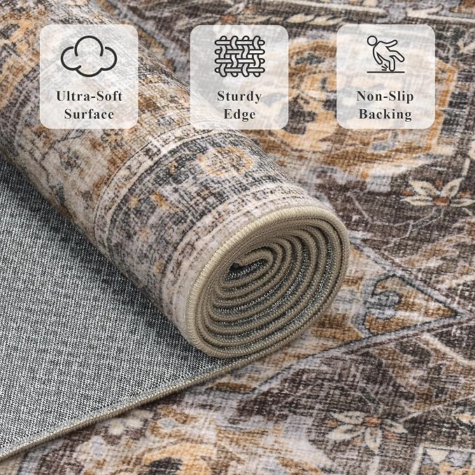 8x10 Area Rug for Living Room Large Washable Vintage Area Rug | Non-Slip, Retro Print, Low Pile, Stain Resistant Carpet, Soft Washable Brown Area Rug, for Bedroom, Dining Room, Home Office