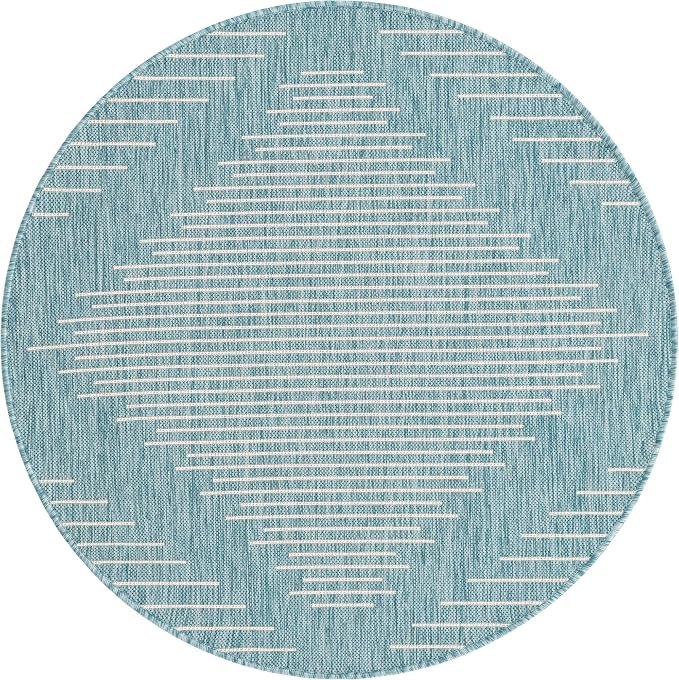Unique Loom Outdoor Modern Collection Area Rug - Tambor (4' 1" Round, Light Aqua/ Ivory)