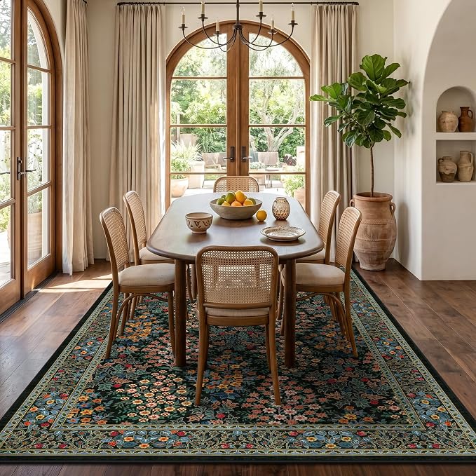 6x9 Area Rugs, Washable Floral Area Rugs for Living Room, Indoor Area Rug for Bedroom, Dining Room, Low Pile Non-Slip Non Shedding Rug(Black Floral)