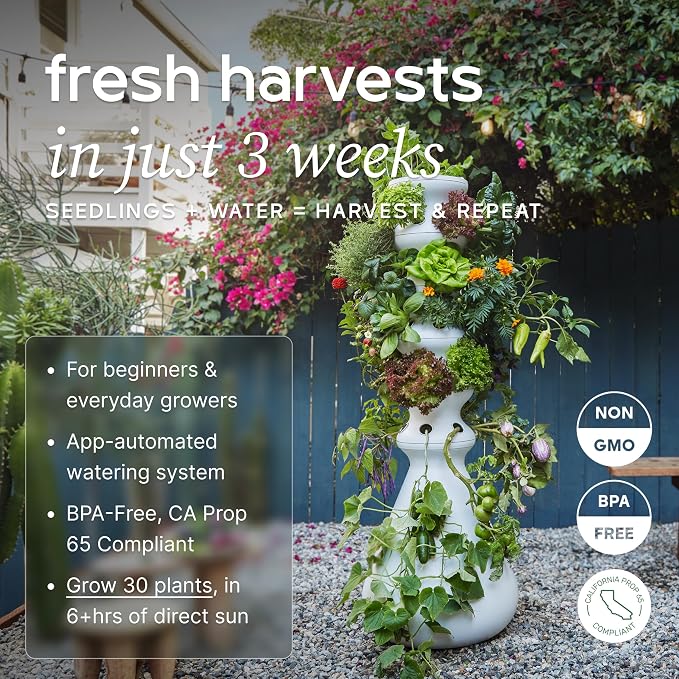 Farmstand Starter Kit Hydroponic Garden Tower with 30 Seedling Credits | 5 ft Vertical Self Watering Outdoor Planter System for Vegetables, Herbs & Greens | Family Growing System | Made in USA