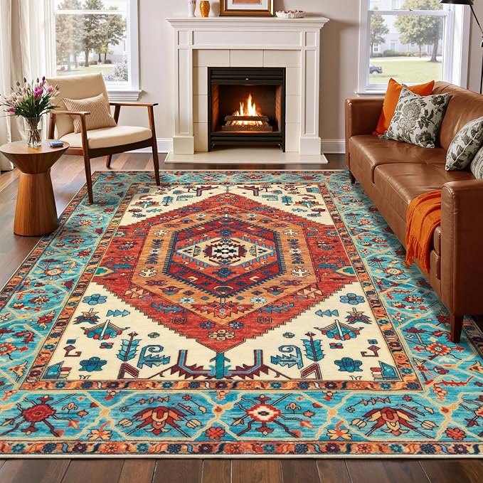 SERISSA 6x9 Washable Non Slip Boho Area Rug for Living Room，Orange | Ultra Soft Vintage Oriental Carpet Low-Pile Distressed Tribal Throw Carpet for Dining Room Bedroom Dorm Office Home Decor