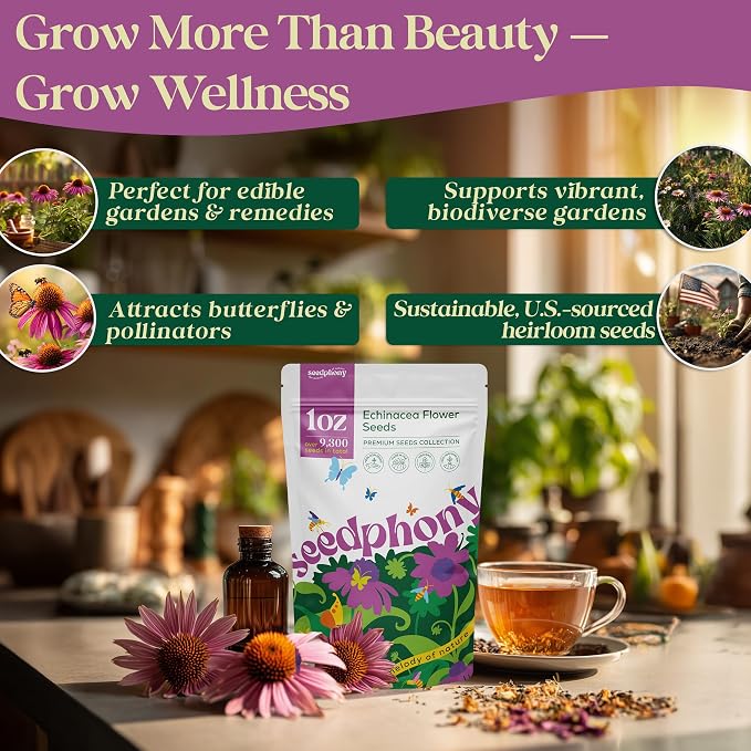 Seedphony Echinacea Seed Pack 1 oz - 9,300 Non-GMO Heirloom Echinacea Seeds for Planting, Perennial Flowers in Waterproof Seed Packet, Coneflower Seeds for Planting Garden Indoor & Outdoor Gardening