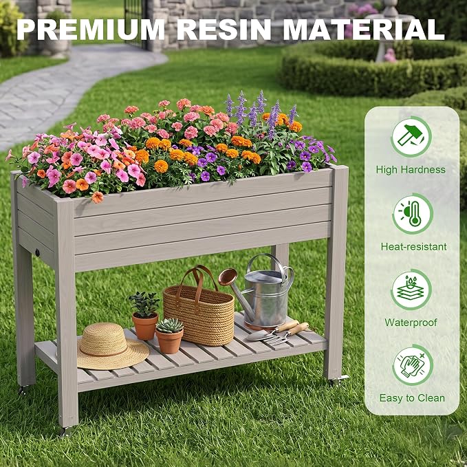 Elevated Resin Raised Garden Bed, 33.7in Height Raised Planter Box with Drainage Holes, Lockable Rotating Wheels & Bottom Storage Shelf, Stake Support, Easy Assembly for Patio Lawn Backyard Balcony