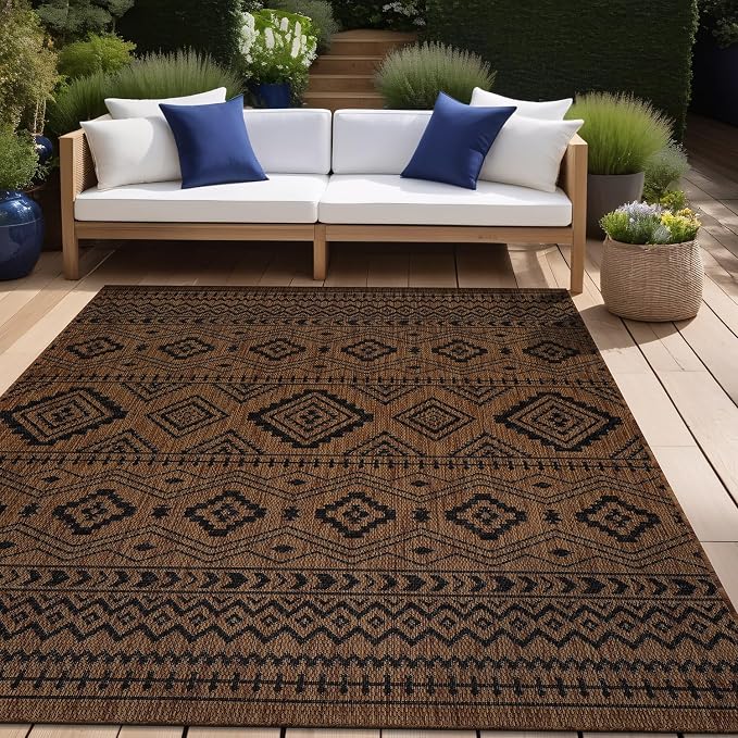 Beverly Rug Waikiki Boho Indoor Outdoor Rug 5x7, Washable Outside Carpet for Patio, Deck, Porch, Bohemian Area Rug, Farmhouse Rugs, Aztec Tribal Rug, Nut Brown and Black