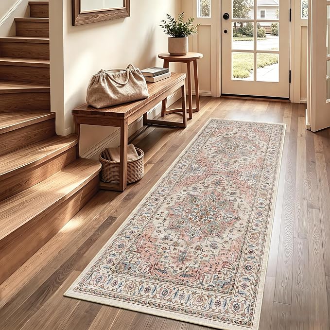 3x7 Vintage Runner Rug Low Pile Non-Slip Washable Hallway Rug | Retro Distressed Print Rug Non-Shedding Beige Pink Carpet Stain Resistant Long Rug for Hallway Kitchen Bedroom Laundry Room
