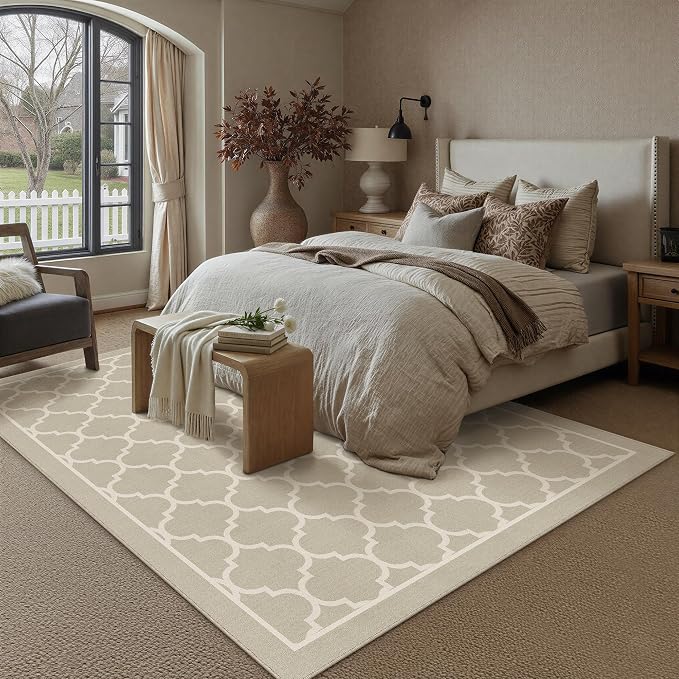 Beige 6x9 Washable Area Rug Living Room Non Slip Large Carpet | Soft, Low Pile, Easy Clean, Indoor Rugs for Bedroom, Office, Nursery, Dining Room, Kids Room, Modern Neutral Decor