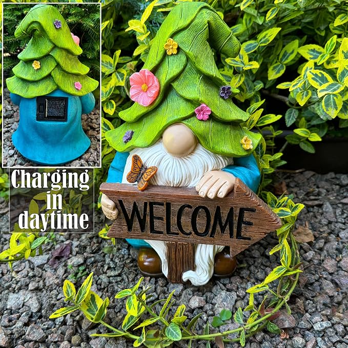 Mood Lab Garden Gnome - Solar Gnome Figurine with Welcome Sign - 9.1 Inch Decor Outdoor Lawn Statue with LED Lights
