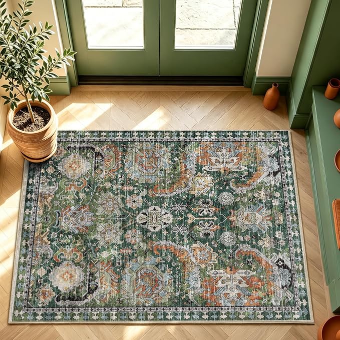 Washable Area Rugs - Perfect for Living Room, Bedroom, Kids Room, Nursery - Stain & Water Resistant Non-Slip, Pet & Child Friendly, Vintage Tribal Area Rugs (Green, 3' x 5 ')