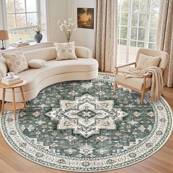 Round Area Rug for Living Room: 4ft Boho Washable Rug Green Ivory | Vintage Boho Soft Round Rug Indoor Floor No Slip Carpet Stain Resistant Rugs for Bedroom Dining Room Nursery Home Office