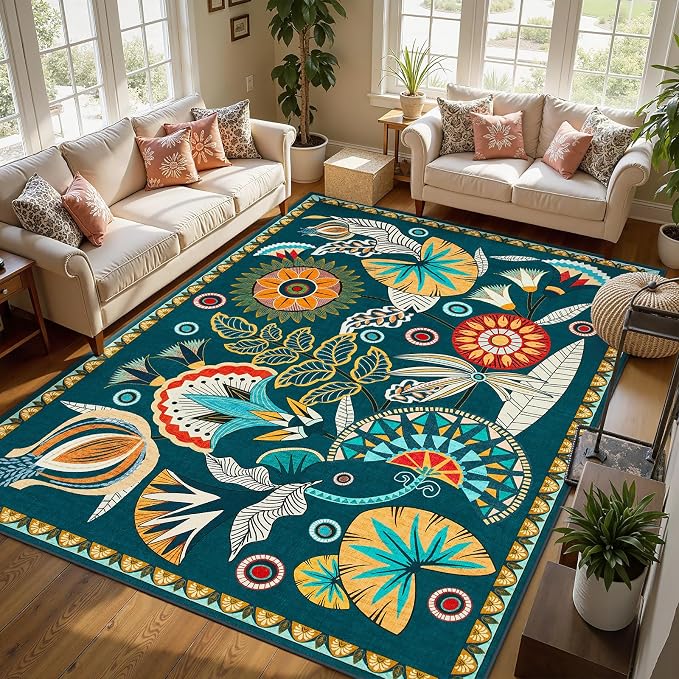 Joydeco Egypt Floral Washable Large Living Room Bedroom Rug 8x10 Under Bed | Boho Dark Green Vintage Botanical Colorful Non Slip Vintage Flower Indoor Throw Carpet for Dining Room Guest Room Playroom