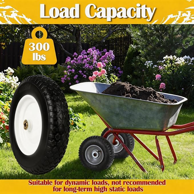 14.5" Wheelbarrow Tire Flat-Free, 3.50-8 Solid Tire 300LB Capacity Each, with 5/8" & 3/4" Bearings, 3"-4''-6''-7" Adjustable Hub, Tire and Wheel Replacement for Dolly, Hand Truck, Garden Cart, 2 Pack