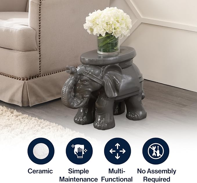 JONATHAN Y White Elephant 14.25" Glazed Ceramic Elephant Garden Stool, Weather-Resistant Indoor/Outdoor Patio Side Table and Plant Stand, Bohemian, Gray TBL1007E