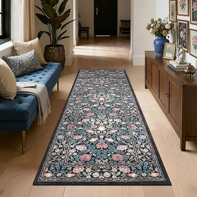 GarveeHome Blue Floral 2x6 Kitchen Runner Rug for Hallways | Washable Entryway Bedroom Bathroom Dorm Rug Vintage Boho Rugs Low-Pile Non-Slip Stain Resistant TPE Backing