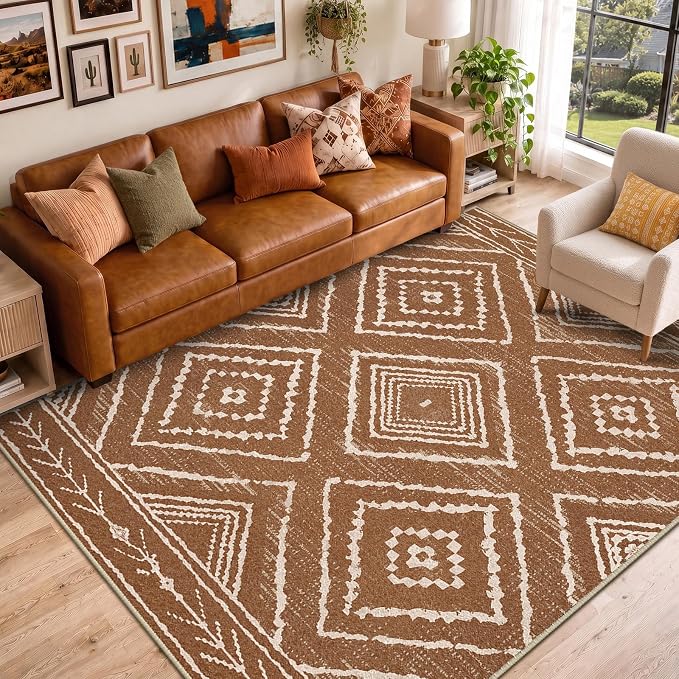 8'x10' Washable Area Rug for Living Room Bedroom Yellowbrown | Soft Western No Slip Low Pile Print Foldable Indoor for Kitchen Dining Room