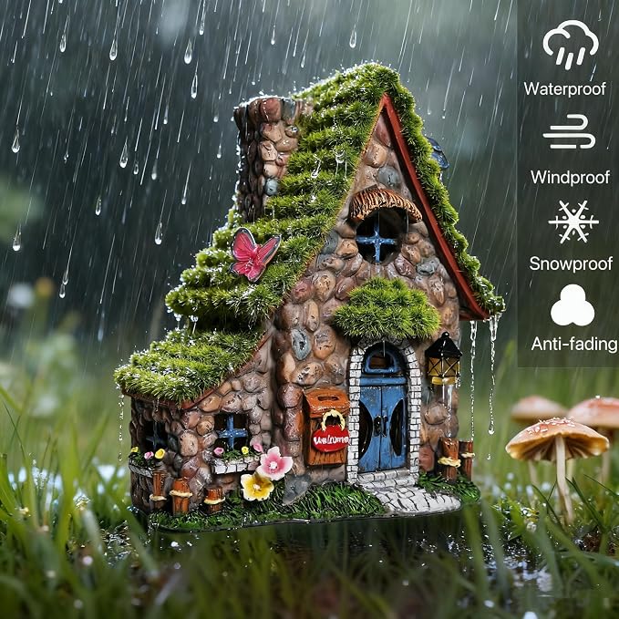 ASAWASA Resin Fairy House Statues with Solar Powered Lights, Funny Garden Sculptures with Flocked and Cobblestone Decor, Exquisite Garden Cottage Figurines
