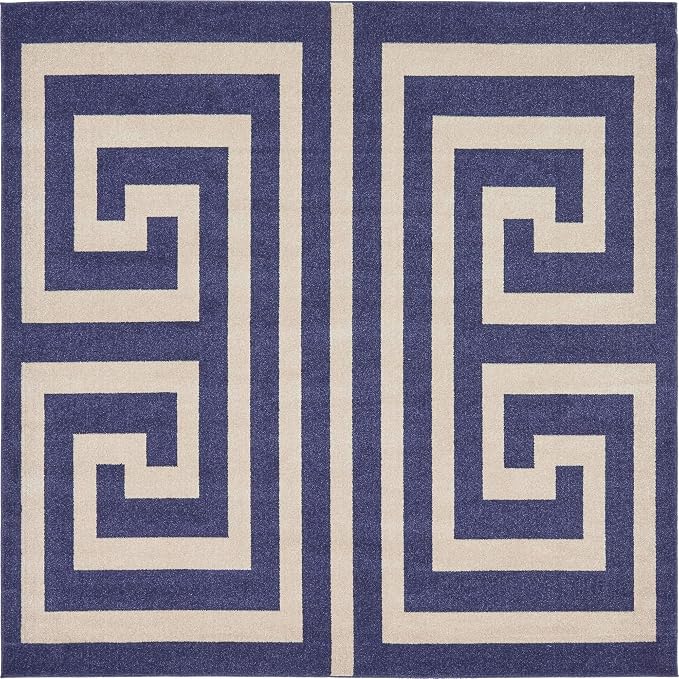 Unique Loom Athens Collection Classic Geometric Modern Border Design Area Rug (8' 0 x 8' 0 Square, Navy Blue/ Beige)