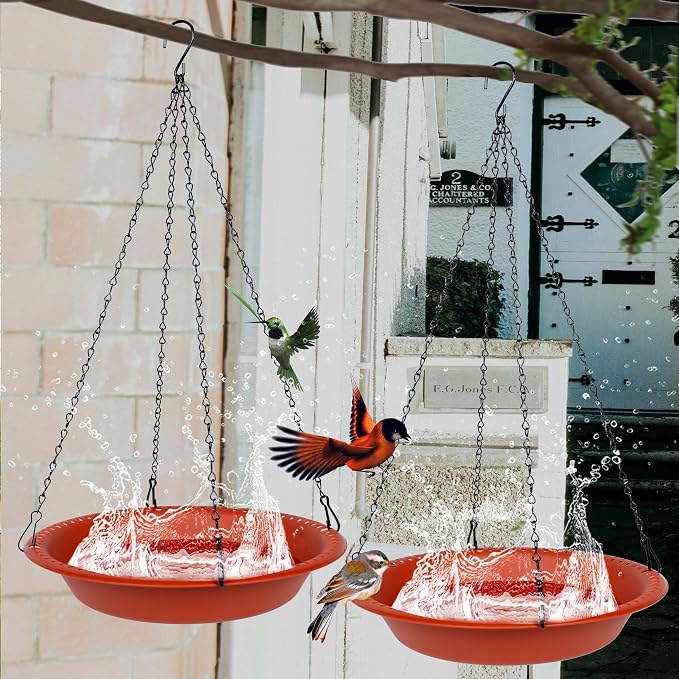 OVZILKI Bird Baths for Outdoors Heavy Duty, 14 inch BirdBath Bowl Only with Rust-Proof Black Chains, Hanging Bird Bath Hanging Bird-Feeder for Garden Backyard Decor (Terracotta 1 Pack)