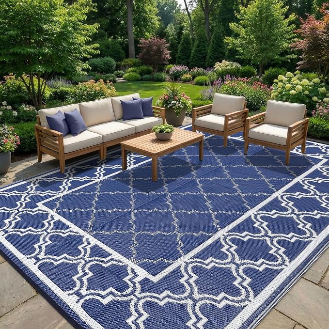 Garvee Reversible Outdoor Rug 10x14, Waterproof Outdoor Plastic Straw Rug with Interlacing Pattern, RV Mat for Picnics, Patio, Camping, Balcony, Deck, Backyard, Porch, Blue
