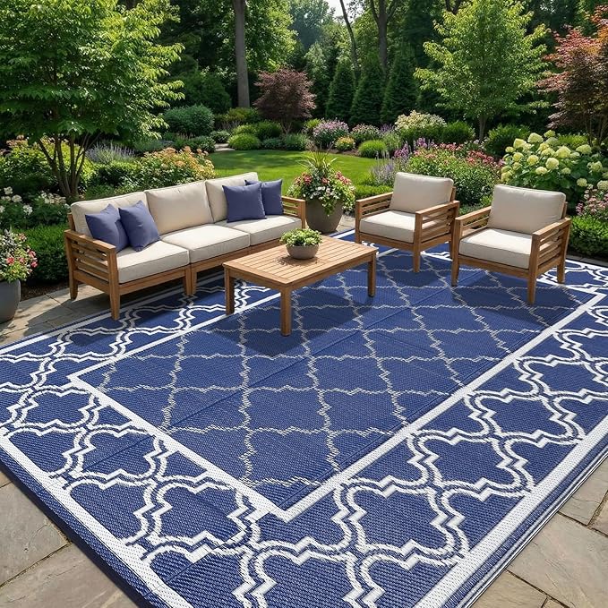 Garvee Reversible Outdoor Rug 5x8, Waterproof Outdoor Plastic Straw Rug with Interlacing Pattern, RV Mat for Picnics, Patio, Camping, Balcony, Deck, Backyard, Porch, Blue