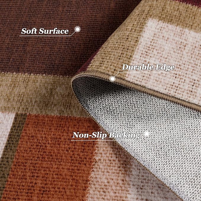Modern Geometric 6x9 Area Rugs for Living Room, Red Brown Washable Rug | Abstract Patchwork Blocks Non-Slip Indoor Carpet for Bedroom Dining Room Office | Burgundy Brown Soft Low-Pile Floor Rug