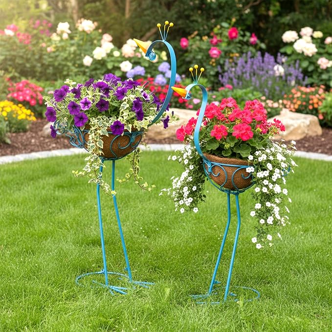 Peacock Metal Plant Stand Flower Pots Holders Plants with Coconut Pots | Manortang 2 Sets Planters for Outdoor Indoor, Front Porch Garden Balcony Patio Decor for Plant,Garden Decoration Gifts