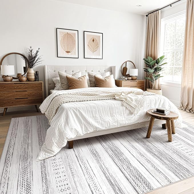 Area Rug Living Room Rugs - 10x14 Washable Large Soft Neutral Boho Moroccan Bohemian Farmhouse Rug Indoor Floor Carpet for Bedroom Under Dining Table Home Office Decor - Light Grey