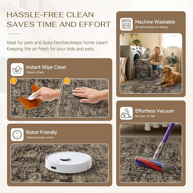 HUGEAR Retro Brown Area Rug 9x12 Machine Washable Living Room Rugs Distressed Vintage Floral Low Pile Carpet Bedroom Office Dining Room Laundry Room Non Slip Soft Lightweight