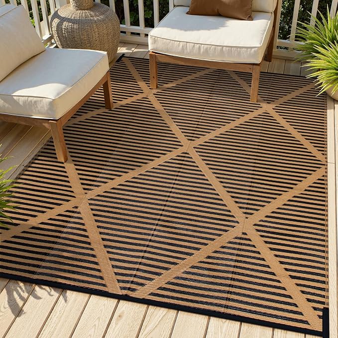 Lahome 6x9 Outdoor Plastic Straw Rug, Reversible Waterproof Camping Rug for Tent, Large Weatherproof Outside Carpet for Rv Beach Backyard Balcony Deck, Brown 6'x9'