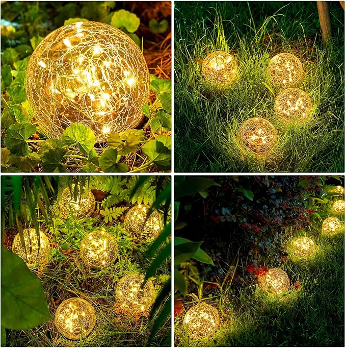 Honoson 3.9 Inch Solar Globe Lights Outdoor - Waterproof Cracked Glass Balls for Lawn Patio Yard Backyard Decorations, Warm Yellow Solar LED Lights with Easy Installation,Durable Design (12 Pcs)