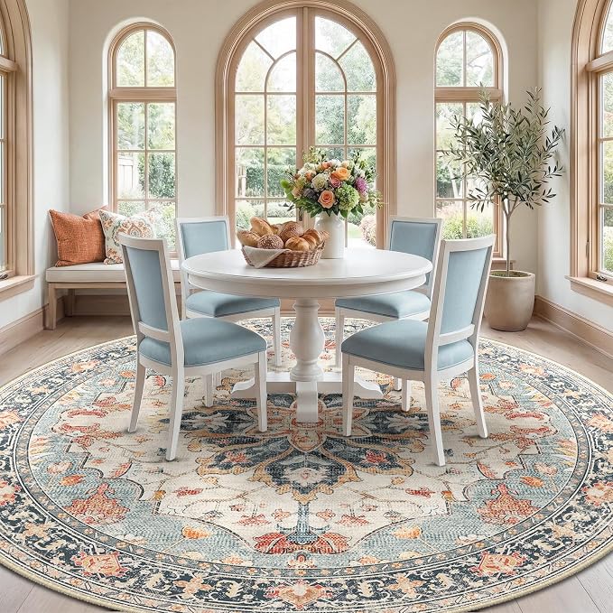 RELEANY Washable Area Rug, Round 10ft, Beige/Blue/Orange | Non-Slip, Water Repellent, Pet Friendly, Easy to Clean, Vintage Floral Boho Decor for Living Room Bedroom Dining Room