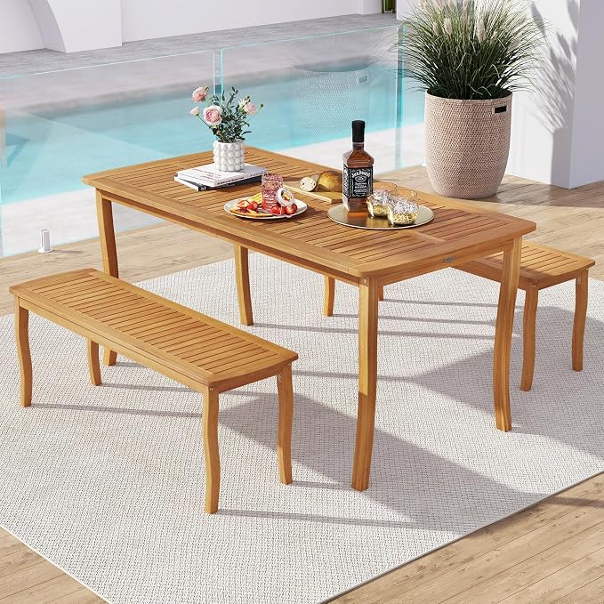 Tangkula Acacia Wood Outdoor Bench, 47" 2-Person Patio Dining Bench with Slatted Seat, Backless Wooden Entryway Bench, Farmhouse Indoor Outdoor Bench for Garden, Poolside, Deck & Park (1,Natural)